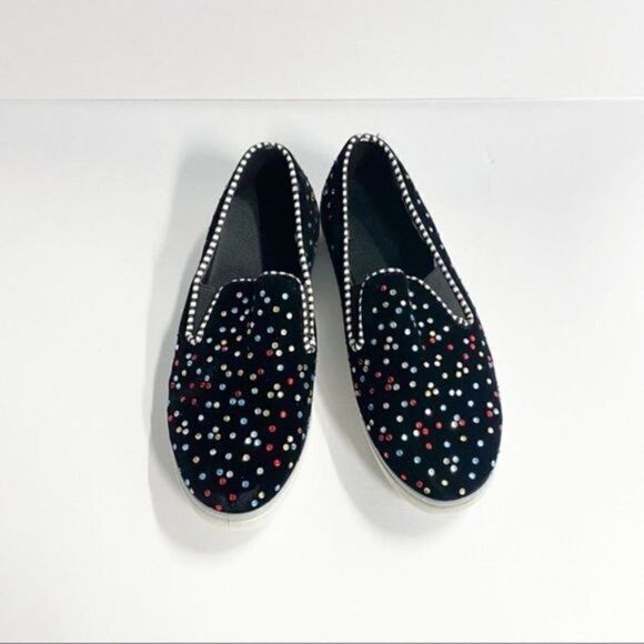 Women's Slip-Ons Flats Heels Round Toe Rhinestone Solid Colored Black Loafers - Picture 3 of 6
